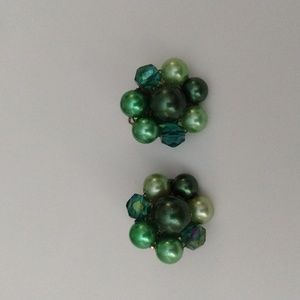 Vintage Stamped Japan Green Rhinestone & Faux Pearl Cluster Clip On Earrings